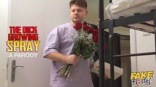 Faux hostel - micro schlong guy increases in size 8 inches with knob growing spray and gets into a threeway with horny aussie blond babe and european brunette woman with plumper bum and pumps them with his fresh Big Dick