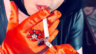 Satin Gloved Cougar Tina Snua Tip To Tails 2 Cigarettes  - Gloves Smoking Smoker Chain Smoking