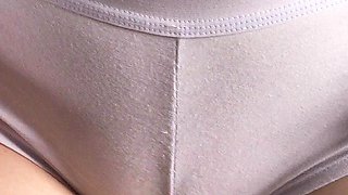 MILF in Nude Stockings Teases White Panty Cameltoe and Thigh Gap Close up