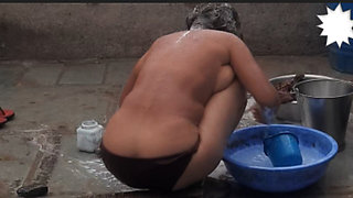 My elder sister-in-law&#039;s stepsister is bathing naked in red tights in the open bathroom at my house