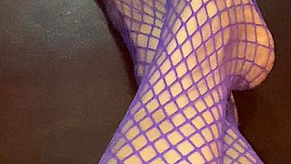 Really Sexy Legs with Tiny Feet with Long Toes in Purple Fishnet Stocking