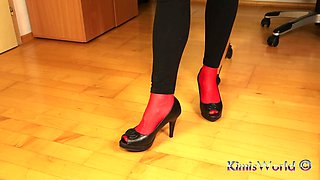 Peeptoe Dangling in Red Stockings & Black Leggings