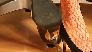 Brown Fishnet Heels Tease - Soles, Dangling & Red Toes