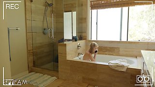 Petite Hannah caught her stepbro jerking off to her on the bath