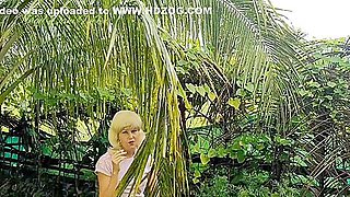 Raining Half Nude Blonde Slut Smoking In Garden Outdoor