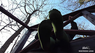 Goddess in Green Pantyhose Teases with Her Feet on the Porch