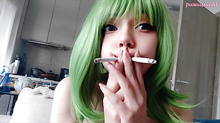 Cute Green Hair Egirl smoking 2 cigarettes at the same time (ask me for full vid)