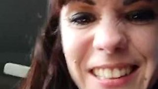 Two lesbian milfs double dildo fucking and pussy licking in car