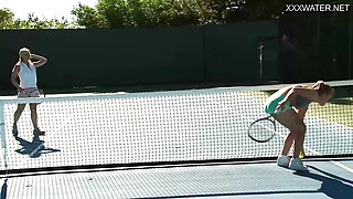Hot lesbian action outside the pool