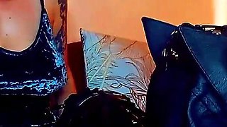 Lady Angela Male Submissive Kneels on the Floor and Licks Black Pvc Thigh High Boots Bot Worship Boot Domination Heels Sucking