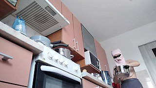 Sexy Naked Wife Preparing Food in the Kitchen. Hairy Brunette, Big Ass, Big Tits.