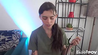 Naughty nurse Angel Windell offers complimentary beef whistle check-up