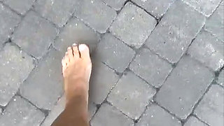 Mature mom with big tits and sexy legs teases in public outdoor and shows off her wet pussy
