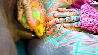 Tattooed model Nahluu doing her first porn