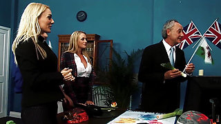 Big Boobed Brits Suck and Fuck Old Guys in Office Threesome