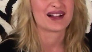 Blonde milf gets her pussy spread by her friend's arm and then her man pisses on her face