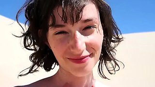 Pretty amateur brunette feeds her lust for cock on the beach