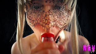 Passionate Blonde with Red Lips Makes Unreal Blowjob and Handjob