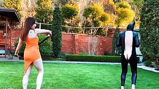 Masked slaved mercilessly punished in femdom threesome