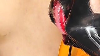 Blowjob in Latex Mask and Catsuit - Cum on Tits