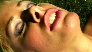 Classic blonde pornstars having lesbian fun outdoors