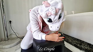 Cute Amateur Milf in Unicorn costume with her Sybian sexmachine - TWO HUGE ORGASMS