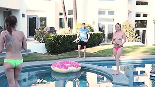 Hunk Oldman gets to fuck these young bitches by the pool