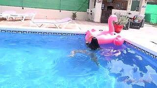 Linda Del Sol Strips and Plays For You in the Pool