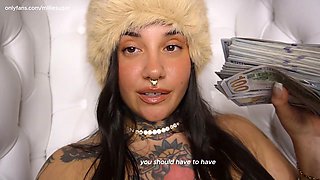 Curvy tattooed Latina Millie Sugarx loves a small dick and practices some serious femdom