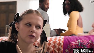 Tiny stepdaughter gets her hairy teen pussy plowed by her big shaft black stepdad