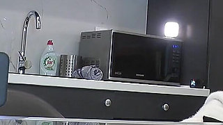 Big Tits Curvy and Busty Hot Beauty in Black Sheer Pantyhose in the Kitchen Takes Her Panties off