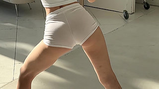 morning yoga in very short shorts - cameltoe