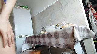 Hairy brunette pussy, big tits, sensual hairy woman in kitchen. Sexy MILF, hairy pussy,