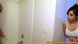 CFNM girlfriend tugs boyfriend after shower