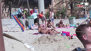 PUBLIC BEACH VOYEUR - German teens try lesbian games in mallorca holiday