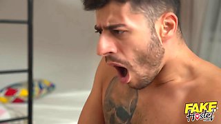Faux hostel - quicky internal cumshot with mind-blowing gf turns into a threesome when big boobed milf staff gets horny