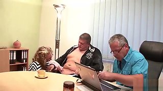 Two old Guys Fuck Teen with Glasses at Office - GERMAN RETRO