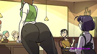 Chubby barista MILF with giant lactating boobs in a cartoon parody