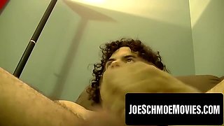 Straight newbie with abs jerks off alone filming cumshot angle