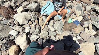 Threesome action with a blonde and a brunette on a naturist beach