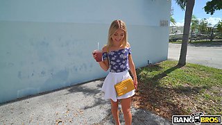 Skinny blonde Emma Bugg enjoys riding a dick in the back of the car