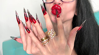 New Hot Color Long Nails, Claws, Long Flexible Fingers and Handjobs with Spit, Red Lipstick