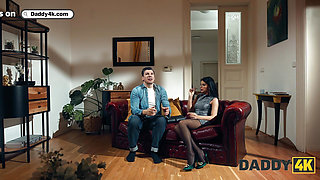 DADDY4K. Small-titted brunette is PROFESSIONALLY CHEATING on her BF in the next room