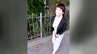 Public Wetting! Tranny girl walks through the city with piss-filled jeans!