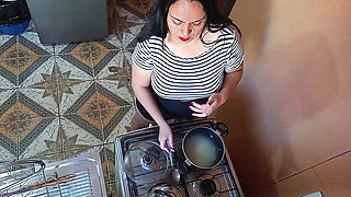 A horny guy decides to fuck his stepsister in the kitchen