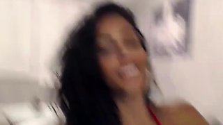 Busty curly brunette with big boobs fucks on couch