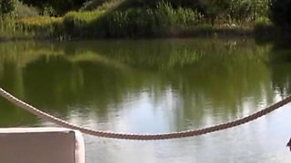 Two amazing babes getting fucked outside