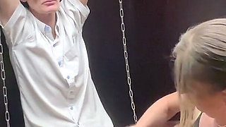 Chastity Sub Locked in Hotel Wardrobe Gets a Ruined Handjob