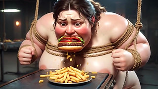 Tied up SSBBW Eats Massive Meal While Kneeling - Belly Stuffing