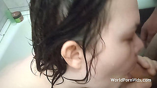 A Plump Girl Sucks and Fucks Her Man in the Bathroom